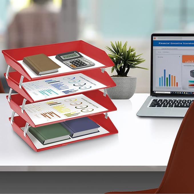 Acrimet Facility 4 Tier Letter Tray, Side Load, Letter Size/A4, Desktop File Organizer, Plastic (Solid Red)-NeatNest