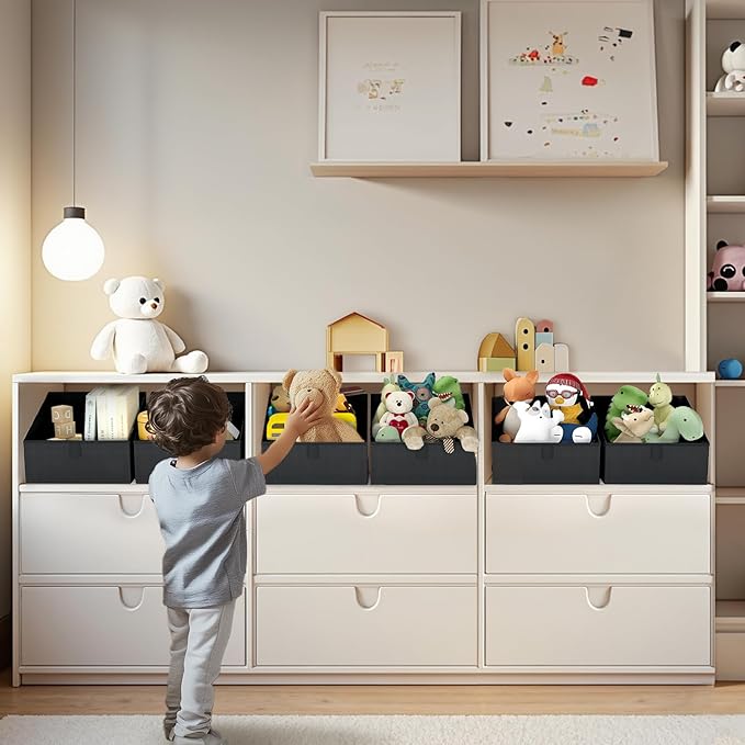 DIMJ Trapezoid Storage Bins for closet shelves, Closet Organzier Bins with Handle, Foldable Closet Storage Bins Basket, Closet Organizers and Storage for Toys, Books, 6 Packs, Black-NeatNest