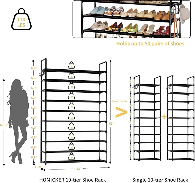 10-Tier Shoe Organizer - Large Metal Shoe Rack with Hooks, Fits 40-50 Pairs, Ideal for Closet, Entryway, Garage, Bedroom-NeatNest