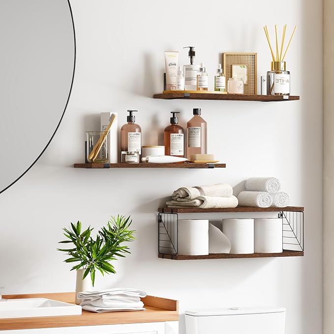 Fixwal 3+1 Tier Bathroom Floating Shelves Over Toilet, 15.8in Farmhouse Rustic Wood Shelves, Wall Decor for Bathroom, Living Room,Bedroom and Kitchen (Dark Brown)-NeatNest