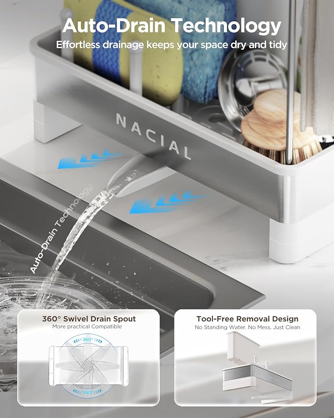 Nacial Sponge Holder for Kitchen Sink, Sink Caddy Organizer with High Brush Holder, Two Towel Racks & Soap Dispenser- Rustproof 304 Stainless Steel Kitchen Countertop Storage Essentials - White-NeatNest