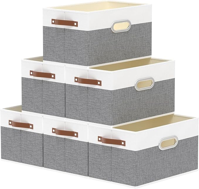 Yawinhe Fabric Storage Baskets, Foldable Closet Organizer for Shelves, Large Boxes with 3 Handles, Canvas Bins for Clothes, White/Grey, 12.99''Lx9.05''Wx7.87''H, 6-Pack-NeatNest