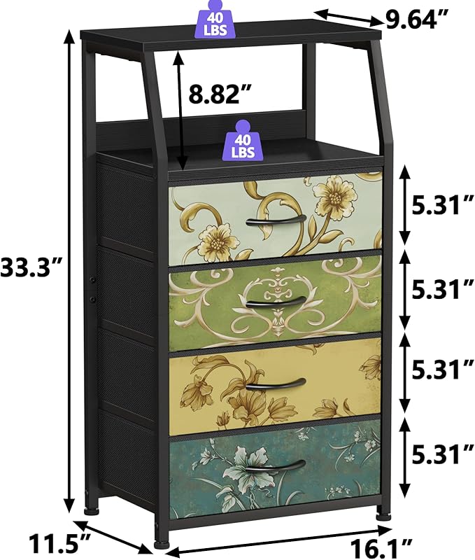 Furnulem Retro Dresser for Bedroom, Small Dresser for Closet, Vintage Nightstand with 4 Drawers, Fabric Storage Organizer Bedside Table Side Furniture, Metal Frame, Wood Top-NeatNest