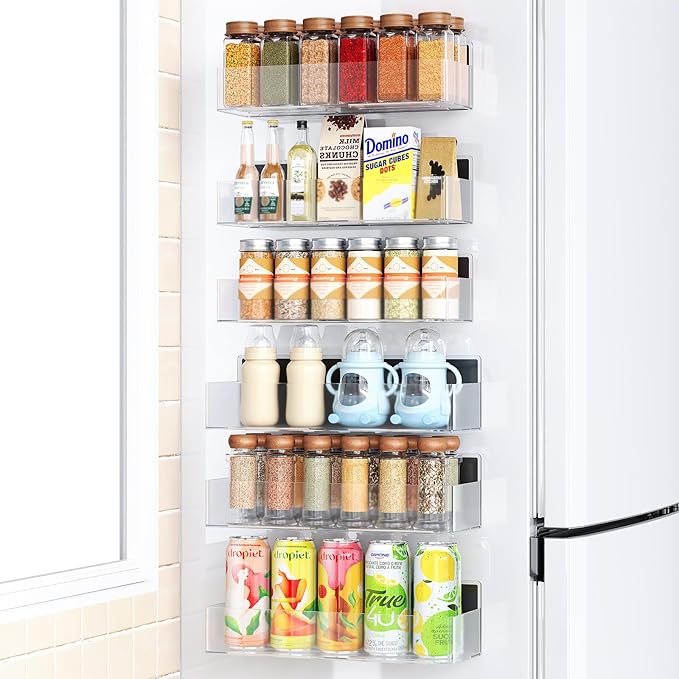 Magnetic Spice Rack for Refrigerator, Kitchen Organizer and Storage Shelf, Clear (6 Pack)…