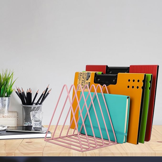 EASEPRES Vinyl Record Holder Storage, 9 Slot Metal Magazine Book Album Display Rack, Stylish Triangle Desktop File Sorter Organizer for Home Office, Pink