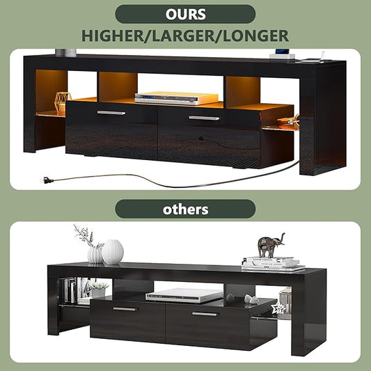 Clikuutory Modern LED Black 67 inch TV Stand with Power Outlet and Large Storage for 40 50 55 60 65 70 75 Inch TVs, Wood TV Console with High Glossy Entertainment Center for Living Room, Bedroom-NeatNest