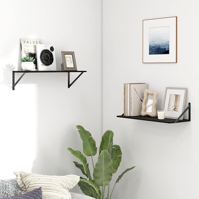 Fun Memories Deep Floating Shelves for Wall, 24W x 8D Wall Mounted Shelves Set of 2, Wide Display Ledge Shelf with Sturdy Metal Brackets for Living Room, Bathroom, Bedroom and Kitchen, Black-NeatNest