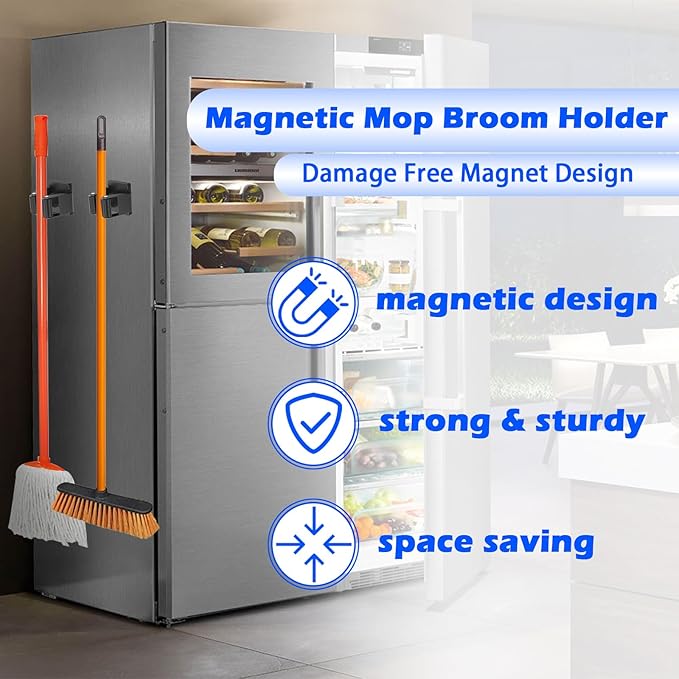Strong Magnetic Mop Broom Holder, 2 Pack Heavy Duty Magnetic Mop Hanger for Refrigerators, Magnet Wall Mount Broom Holder Tool Storage for Laundry Room Garage Kitchen Workshops Metal Shed-NeatNest