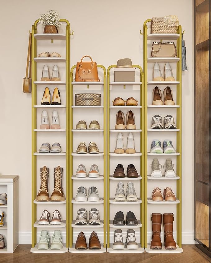10 Tiers Vertical Shoe Rack, Narrow Shoe Tower, Tall Shoes Shelf with 2 Hooks, Adjustable Shelves, Corner Shoes Shelves for Small Spaces, Entryway, Living Room, White Gold SR11213A-NeatNest