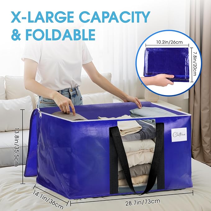 BlissTotes 4 Pack Moving Bags with Clear Window, Storage Bags with Strong Carrying Handles & Zippers,Large Packing Bags for Saving Space, Alternative to Moving Boxes(Blue,24 Gallon)-NeatNest