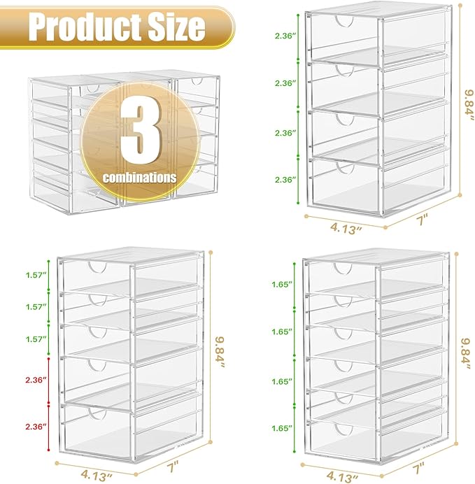 Acrylic 3 Pack Desk Organizers and Accessories, Makeup Organizer Storage With 15 Drawers, Desk Organizers, Dustproof Drawer Organizer and Storage for Make Up, Jewelry, DIY Pen-NeatNest