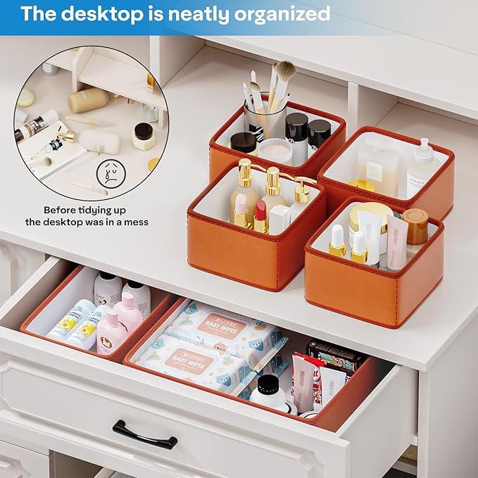 Vegan Leather Drawer Organizers,8 Pack Makeup Storage boxes,Vanity Drawer Luxury upgrade,Bedroom fabric Drawers replacement,bathroom organization and storage Optimal solution