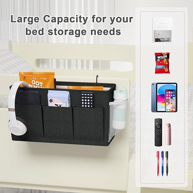 Dual-purpose Bedside Caddy Bedside Organizer, Bed Caddy with 6 Pockets, Versatile Bedside Storage Solution Magazine Remotes holder, ideal for Home, Dorm, Hospital, Crib Bed (Black 2 pcs)-NeatNest