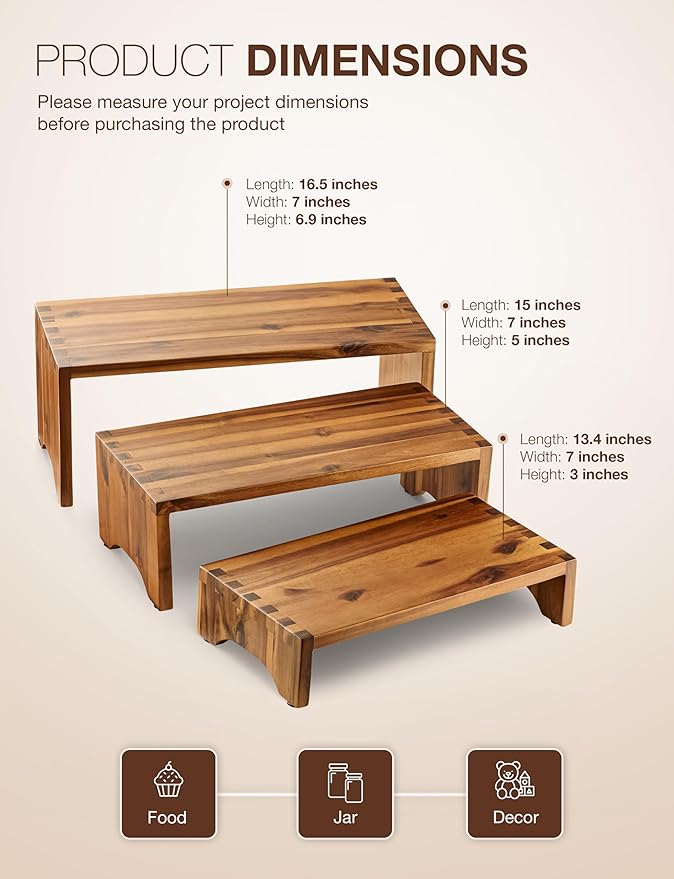 Acacia Wood Risers Display Stands Set of 3 - Wooden 3 Tier Cupcake Stand - 3 Tiered Riser for Vendors - Decorative Display Risers for Food Desserts Stand, Perfume, Funko POP at Party Wedding-NeatNest