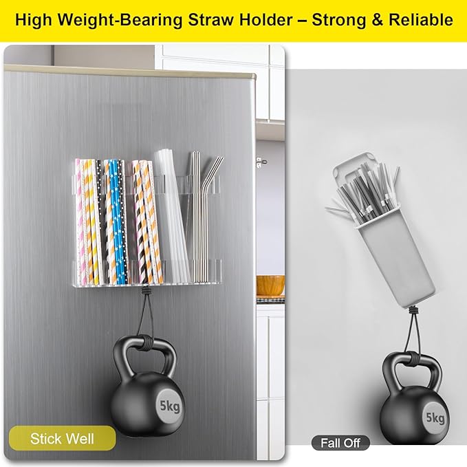 9.5” Large Acrylic Straw Holder for Cabinet Door, Reusable Straw Cabinet Organizer with Double-Sided Adhesive Tape for Kitchen Counter Cupboard (Transparent)