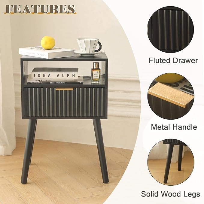 Black Nightstand with Charging Station, Mid Cetury Modern Nightstand with Drawers, Fluted End Side Table with Solid Wood for Bedroom, Dorm and Small Space (Black)-NeatNest