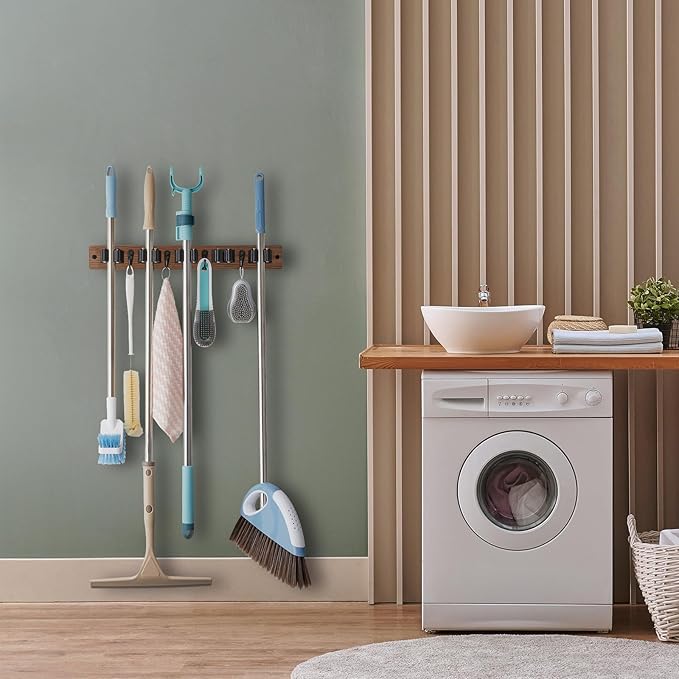Mop and Broom Holder Wall Mount - Wood Broom Mop Hanger - Wall Mounted Garden Tool Rack Organizer for Closet Garage Laundry Room for Rustic Kitchen Decor With 5 Slots & 4 Hooks-NeatNest