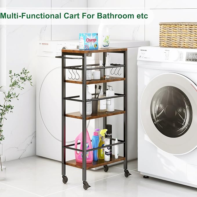 IBUYKE 7.8" Slim Rolling Cart,4-Tier Metal Kitchen Storage Cart,Trolley cart on Wheels for Narrow Space,with Handle and Wooden Tabletop,for Kitchen, Dining Room,Laundry Room,Rustic Brown UTMJ065H