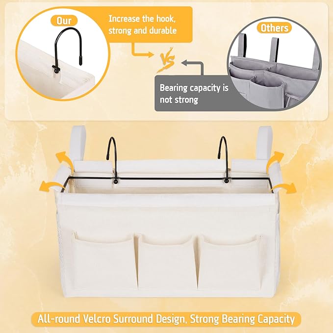 Bedside Caddy Bedside Organizer Bedside Storage Caddy with Fixed Straps and Water Bottle Holder for Home College Dorm Bunk Bed Hospital Bed Crib Bed Rails (White)-NeatNest