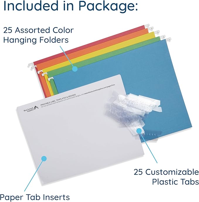 Blue Summit Supplies 25 Colored Hanging File Folders Letter Size with Tabs, Colored File Folders Hanging, Assorted Colors, Reinforced for Office Filing and Organization-NeatNest