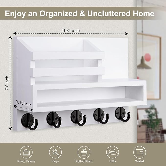 Key and Mail Holder Wall Mount, Key Hanger with Long Storage Box and 5 Hooks for Coat, Dog Leash, Home Decor Rack, House Accessories, Entry Way Organizer 11.8”W x 7.8”H x 3.2”D