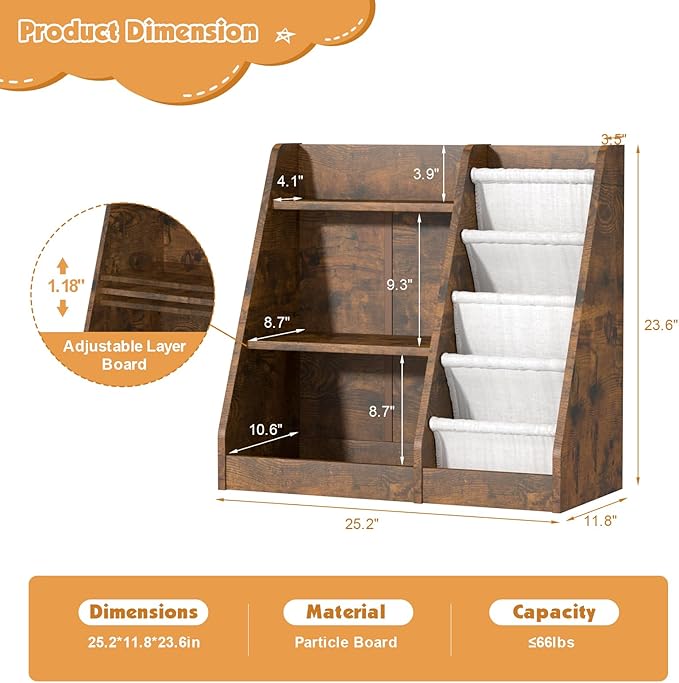 3 Tier Kid Bookshelf Wooden 4 Sling Children Bookcase Adjustable Toddler Book Rack Display Toy Storage Organizer Book Display Shelf Stand Classroom Bedroom Nursery Playroom,25 inch(Rustic)