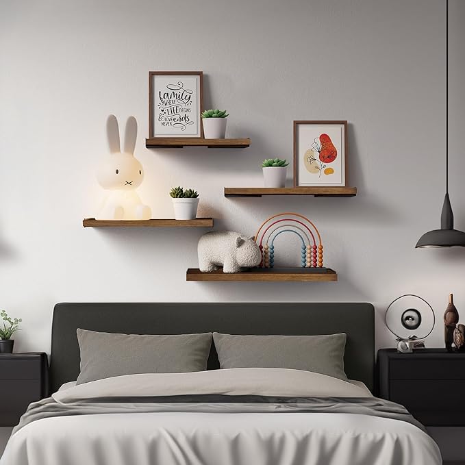 BAYKA Floating Shelves for Wall, Book Shelf for Bedroom, Decor Shelves for Living Room Kitchen, Mounted Wood Floating Shelf for Home Decor, Corner Shelf for Bathroom, Office(Walnut-Toned,Set of 4)-NeatNest