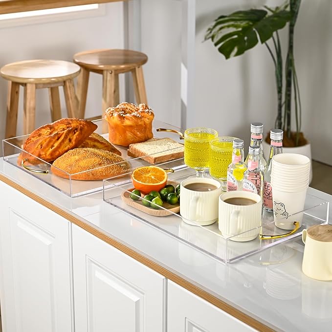 Acrylic Serving Tray with Gold Handles 2 Pcs, Clear Acrylic Tray for Coffee Table Countertop Serving Food, Large Capacity, 16"x12" & 15.2"x11.2"
