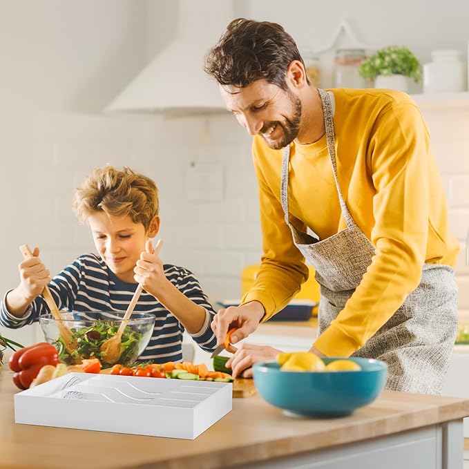 Bellsal White Utensil Organizer 10 Inch Silverware Tray for Drawer - 5 Compartment Small Narrow Bamboo-NeatNest