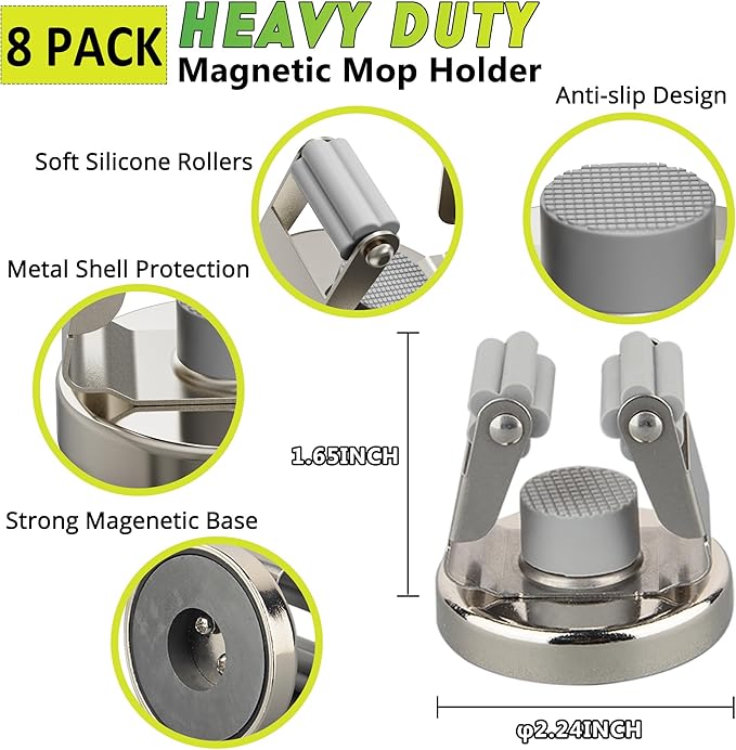 ULIBERMAGNET Magnetic Mop Broom Holder,Heavy Duty Movable Magnetic Tools Holder,Anti-Slip Magnet Mounted Utility Storage Mop Shovel Hanger for Garage, Kitchen, Laundry, Garden(8 Pack/Silver)