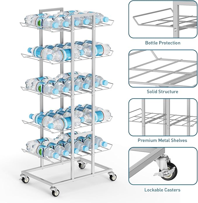 5 Tier Water Bottle Organizer with Wheels Bottled Water Storage Rack 16.9 oz Water Bottle Holder Metal Soda Can Organizer for Kitchen, Office, Pantry Room, Silver-NeatNest