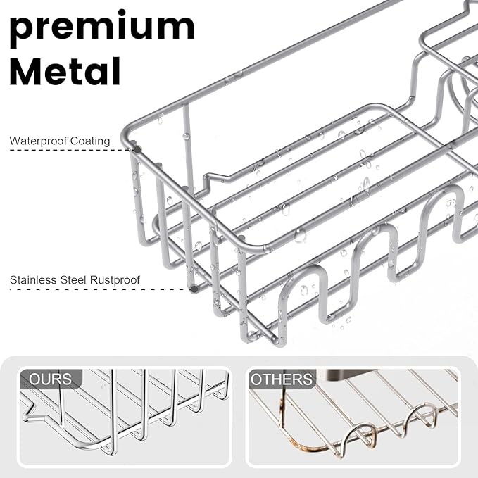 Adhesive Shower Caddy: 2 Bonus Hooks, 4-Pack Wall Mounted Bathroom Storage Shelf, Rustproof Metal Basket Organizer for Kitchen & Bathroom No Drill Grey