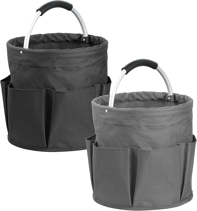 2Pack 17L Foldable Cleaning Supply Caddy with Handle, Portable Bucket Tool Organizer, Garden Tool Bag in 600D Oxford Fabric, Folding Storage Basket for Outdoor, Bathroom, Black + Dark Gray-NeatNest