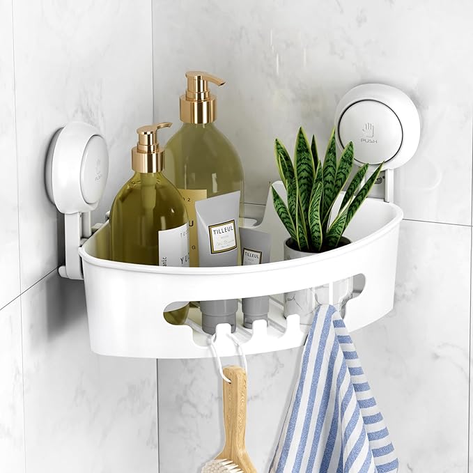 LEVERLOC Corner Shower Caddy Suction Cup, Shower Caddy Basket Powerful Suction Bathroom, Waterproof & Rustproof Organizer for Bathroom Storage, No-Drilling Removable (White)