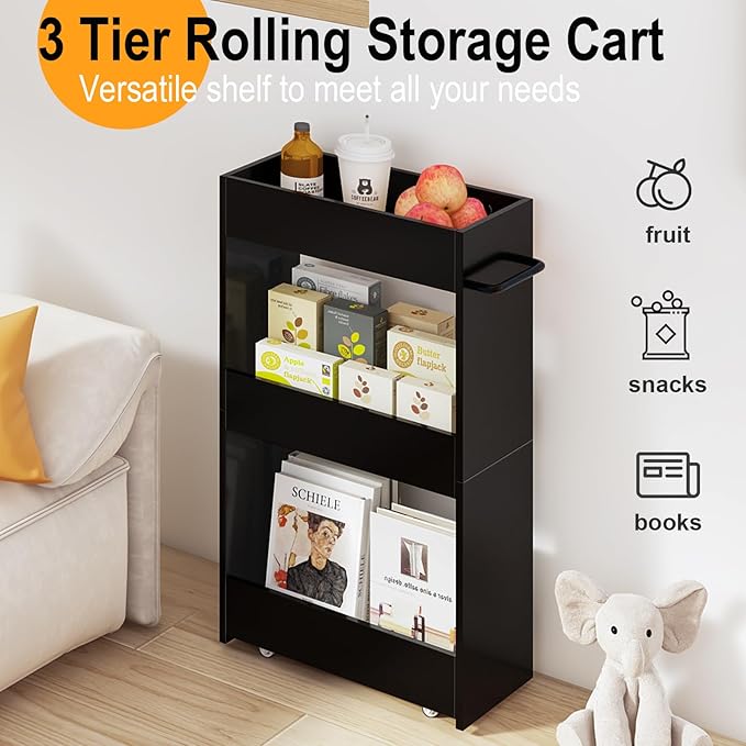 MARTY Wood Rolling Storage Cart 7.9" W, 3 Tier Slim Utility Kitchen Cart on Wheels Laundry Room Bathroom Organizers Narrow Shelves with Handle Mobile Shelving Unit for Small Places, Black