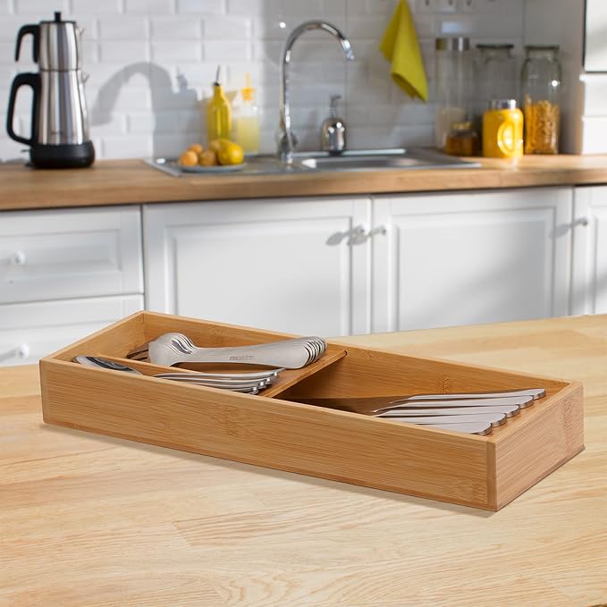 Bamboo Silverware Drawer Organizer, Kitchen Cutlery Tray,Utensil Holder for Spoons, Forks, Knives in Kitchen-NeatNest