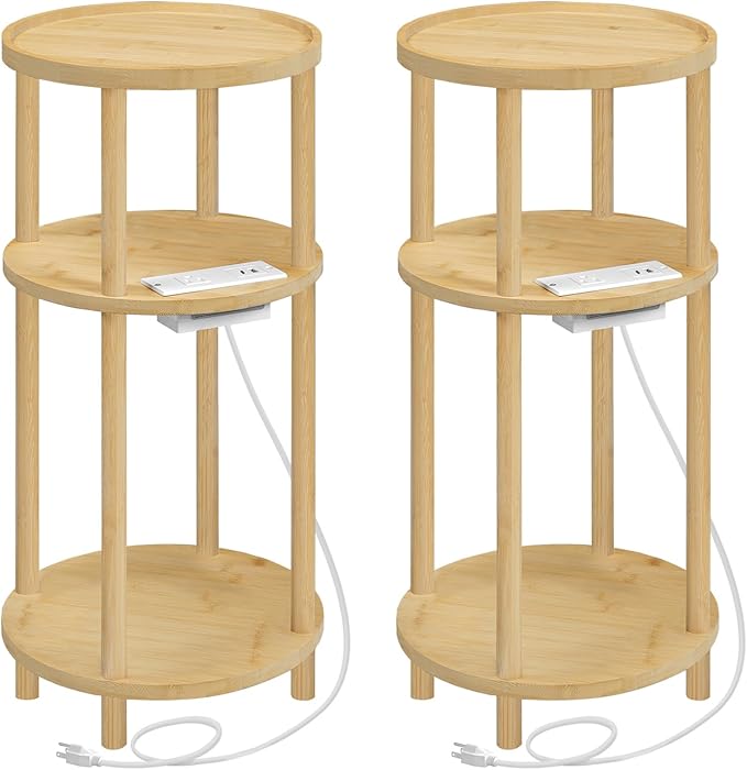 HOOBRO Set of 2 Small Round Side Tables with Charging Station, 3-Tier Round Bamboo End Tables, Easy Assembly, for Living Room, Bedroom, Apartment, Natural YL152UBZP201