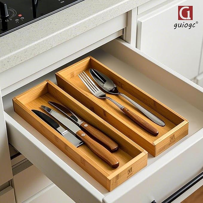 Bamboo Drawer Silverware Organizer, Flatware Organizers, Multi-purpose Bamboo Storage Box for Kitchen, Offices and Dressing table 11.5" x 3.15" x 1.8" (Set of 2)-NeatNest