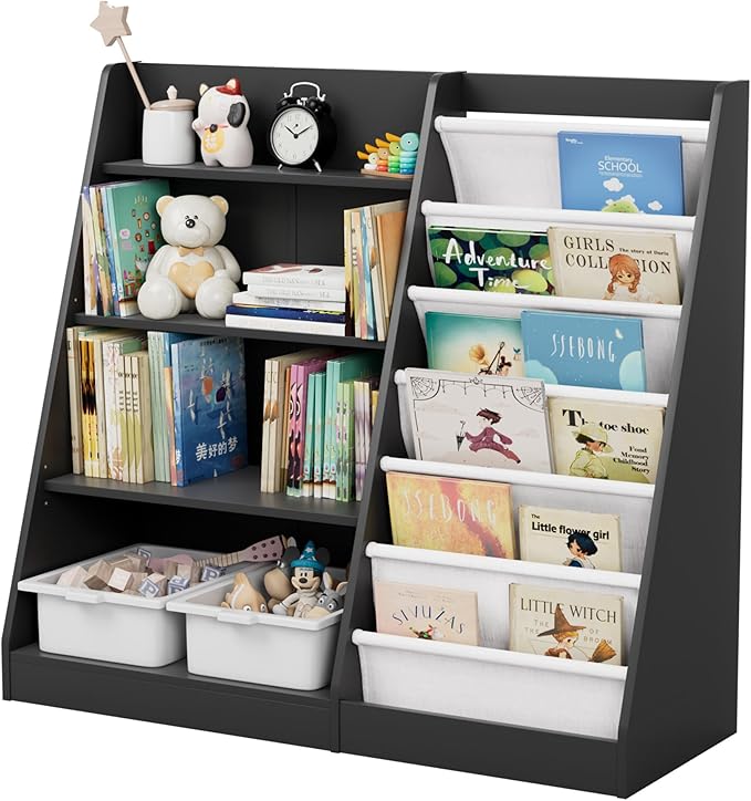 Black Kids Bookshelf Wood Toy Storage Organizer Cabinet Children Bookcase Toddler Baby Sling Book Rack Adjustable Shelf for Playroom Bedroom Nursery Hallway School Kindergarten-NeatNest