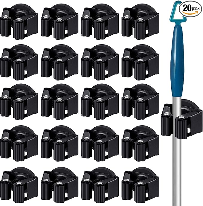 20 Pcs Magnetic Mop Broom Holder Movable Magnetic Broom Holder Rack, Anti Slip Wall Mounted Utility for Cleaning Tools, Garage, Kitchen, Laundry, Garden (Black)