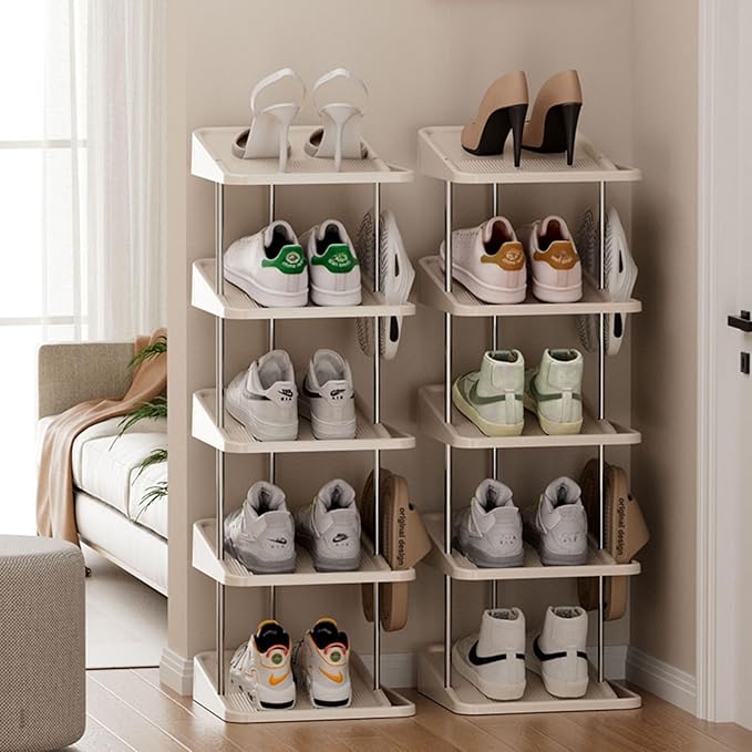Vertical Shoe Rack,5 Tiers Stackable Shoe Rack for 10 Pairs, Narrow Shoe Tower,Space Saving, for Entryway, Living Room, Bedroom,Closet,DIY Free Standing Shoe Organizer(Khaki, 5 Tiers)-NeatNest