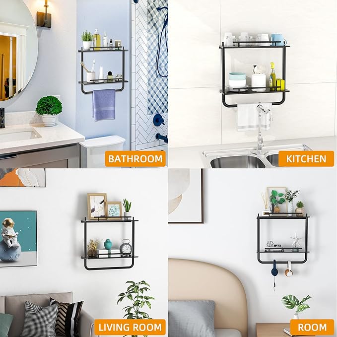 Floating Shelves, 2 Tier Wall Mounted Metal Floating Shelves Black with Frame and Towel Rack for Bathroom, Living Room, Bedroom, Kitchen