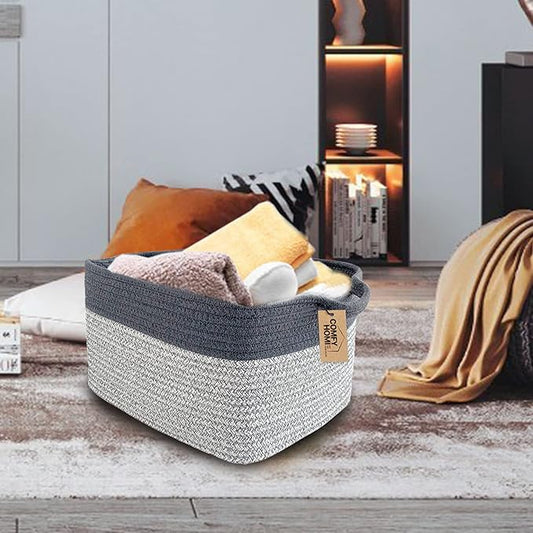 COMFY-HOMI Cotton Rope Woven Basket with Handles for Shelves,Toys,Book, Cloth Storage Baskets Bin for Organizing-13.5"x11"x9.5" Toy Decorative Organizer for Living Room, Bathroom-Light Grey-NeatNest
