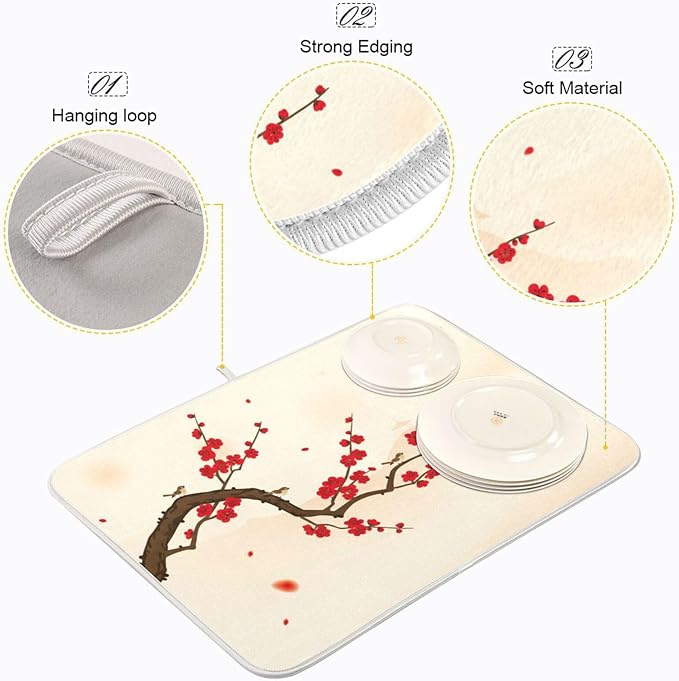 Absorbent Dish Dying Mat XL Oriental Style Painting Kitchen Counter Mat Protector,Reversible,Extra Large 24 x 18 Inches