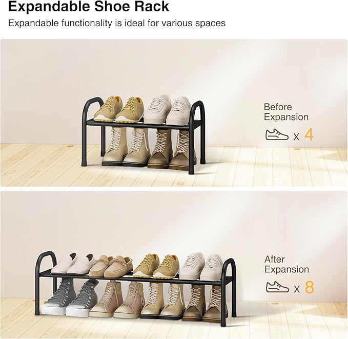 STO STO Expandable Shoe Organizer, 1-Tier Metal Shoe Rack for Closet, Up to 8 Pairs Adjustable Storage for Front Door Entrance, Free Standing Organizer for Entryway, Black-NeatNest