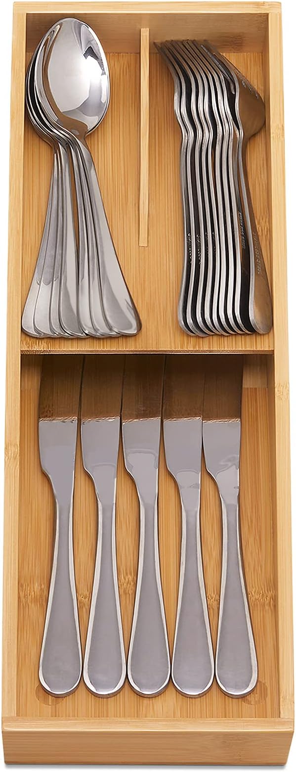 Bamboo Silverware Drawer Organizer, Kitchen Cutlery Tray,Utensil Holder for Spoons, Forks, Knives in Kitchen-NeatNest