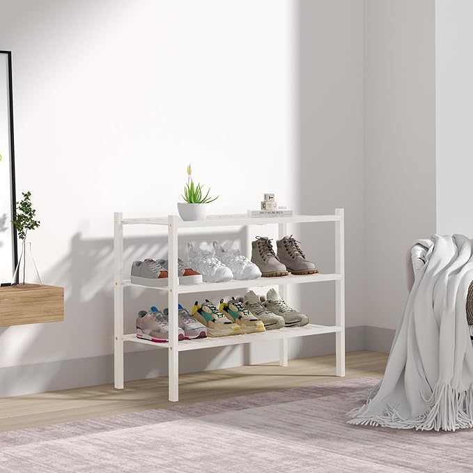 3 Tier Bamboo Shoe Rack for Closet Free Standing Wood Shoe Shelf Storage Organizer for Entryway Small Space Stackable 27"x11"x20" (White)-NeatNest
