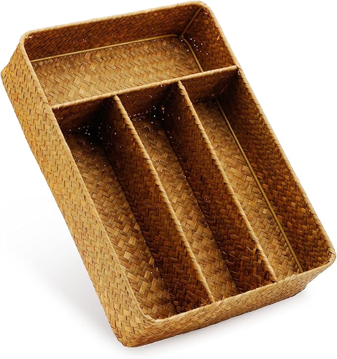 DECRAFTS Seagrass Storage Basket with Compartments Utensil Tray for Organization Silverware Flatware Rectangular Shelf Baskets with 4 Sections Natural-NeatNest