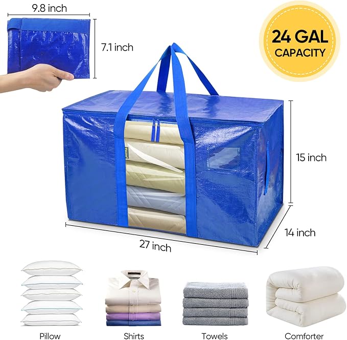 BALEINE 2-Pack Oversized Moving Bags with Reinforced Handles, Heavy-Duty Storage Tote Moving Supplies for Packaging, Camping (Blue w/Window, 2-Pack)-NeatNest
