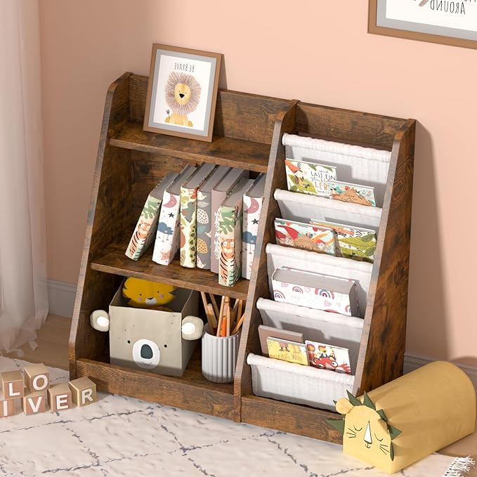 3 Tier Kid Bookshelf Wooden 4 Sling Children Bookcase Adjustable Toddler Book Rack Display Toy Storage Organizer Book Display Shelf Stand Classroom Bedroom Nursery Playroom,25 inch(Rustic)